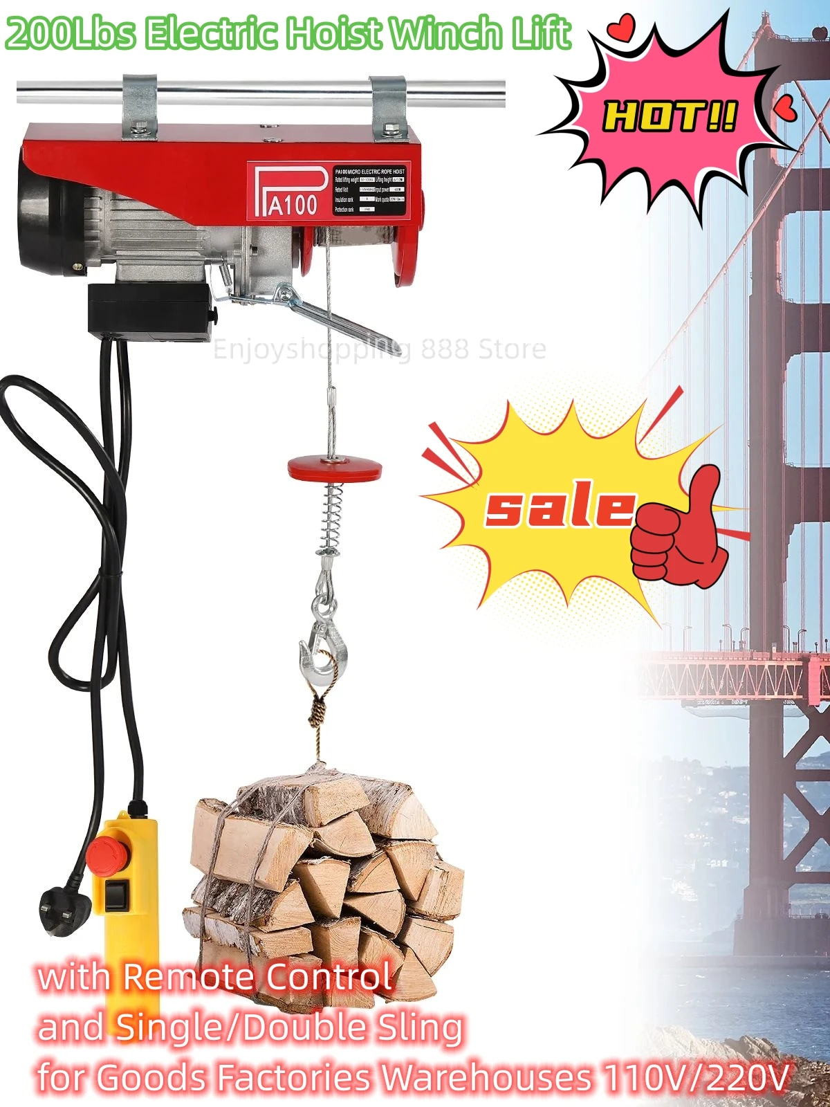 

200Lbs Electric Hoist Winch Lift with Remote Control and Single/Double Sling for Goods Factories Warehouses 110V/220V