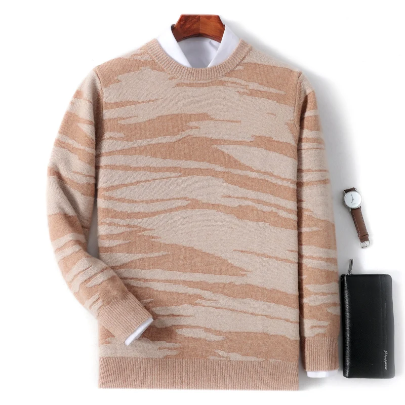 Double Thick 100% Pure Wool Men's Round Neck Long Sleeve Pullover Gradient Contrast Casual Knitted Sweater