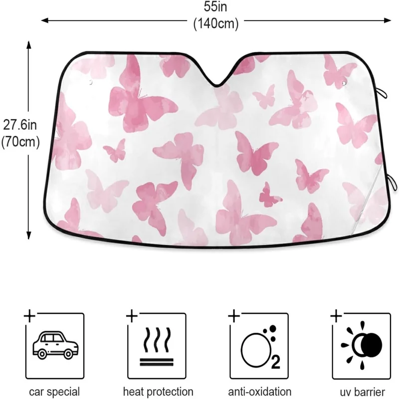 Xigua Watercolor Pink Butterfly Car Sun Shade With Foldable UV Ray Sun Visor General Purpose Front Windshield Sun Shade Protecto