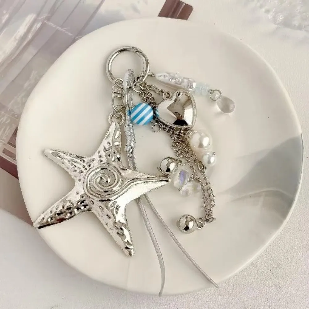 Beaded Design Beaded Keychains Heart Charm Silver Color Shell Keychains Pearl Accent Pendant Style Pendant Keychains