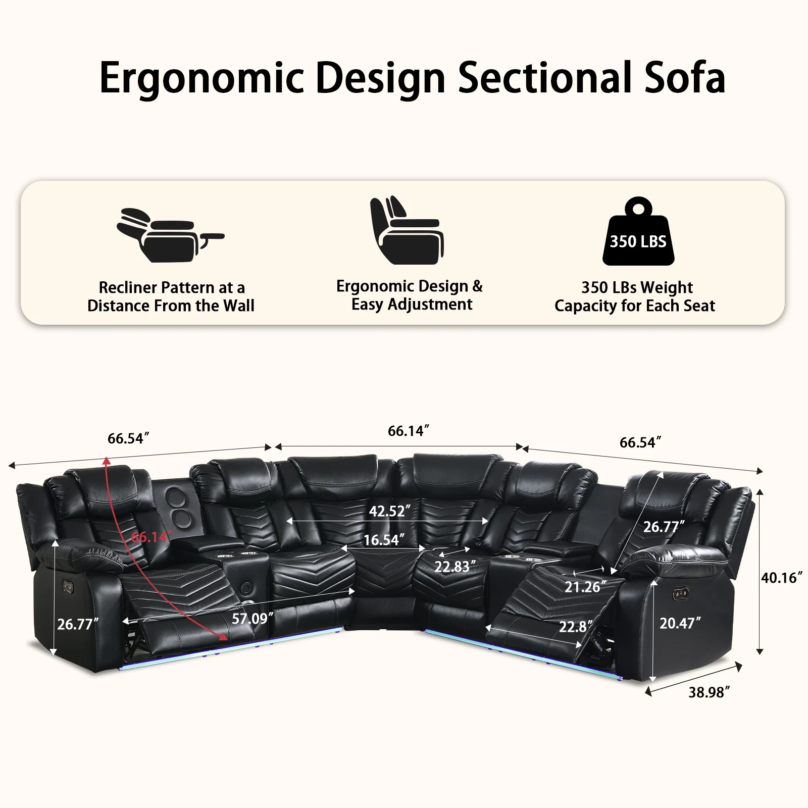 エアレザーリクライニング電動コーナーソファセット（スピーカーとLED付きセクショナル機能ソファ、リビングルーム家具）