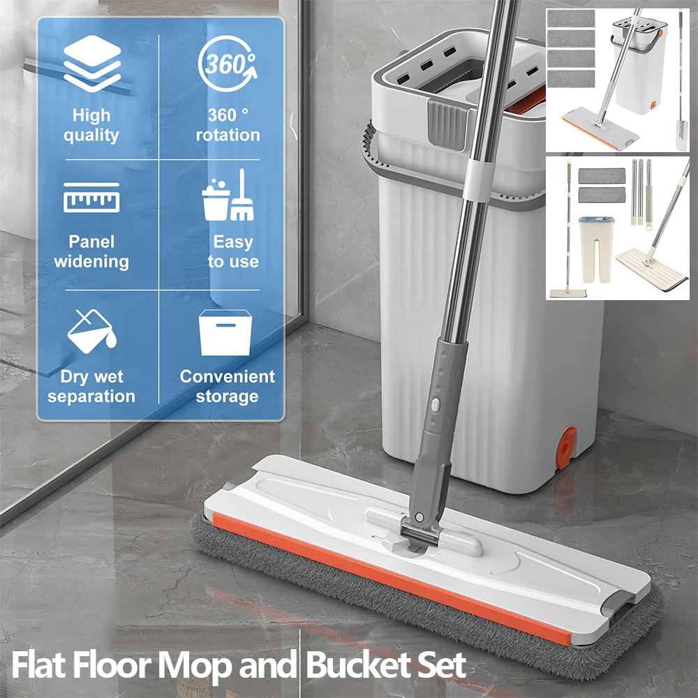 Flat Floor Mop and Bucket Set Wet and Dry Use with 360° Rotatable Mop Head Self-Cleaning Flat Mop and Bucket System Cleaning Set