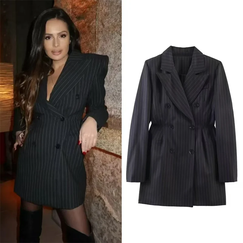 

Женский длинный блейзер-пальто нового фасона весна-лето, двубортный, с поясом, в полоску, в стиле платья, элегантный повседневный топ