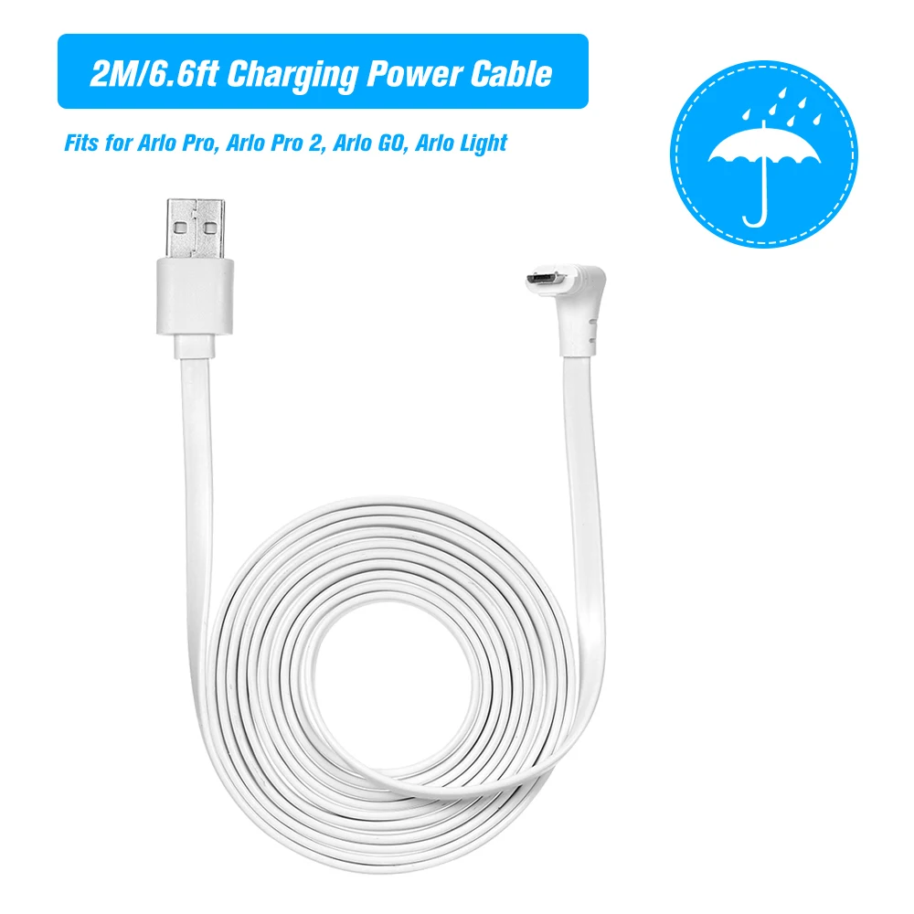 Kabel Daya Pengisian daya 2M/6,6 kaki, kabel USB mikro datar tahan cuaca ringan Arlo Pro, Arlo GO, Arlo, Arlo, 2M/6,6 kaki