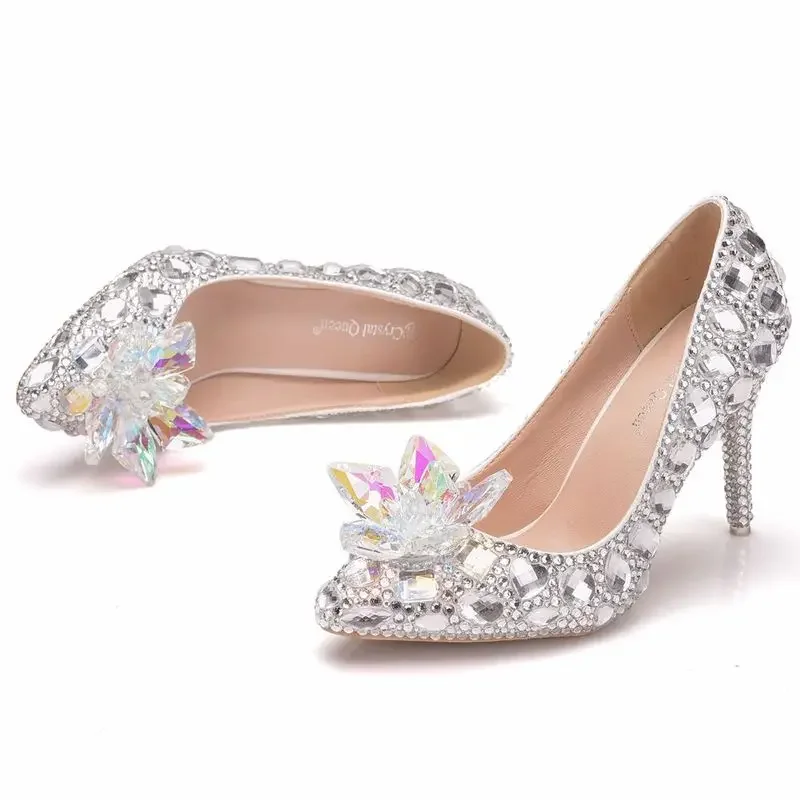 Zapatos de tacón fino con diamantes de imitación para mujer, calzado de boda con diamantes de imitación, cristales, flores, punta estrecha, 9CM, gran oferta