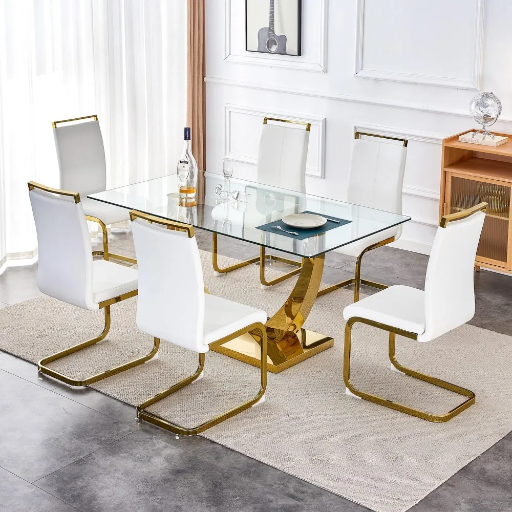 

63” Glass Dining Table Set for 6,Gold Dining Room Table Set for 6,Modern Kitchen Table and PU Leather Chairs for 6, Dinner Table