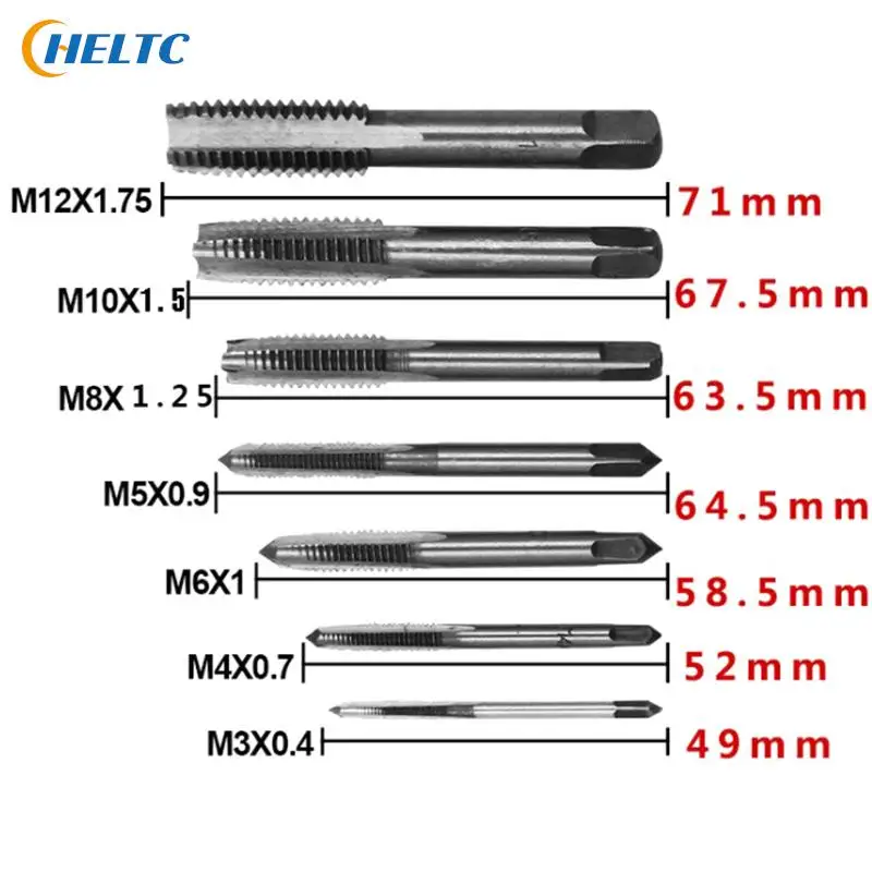 7pcs Male Thread Tap Set Metal Meters Drill Bit M3 M4 M5 M6 M8 M10 M12 Metric Impact Thread Plug Tap Mechanical Workshop Tools