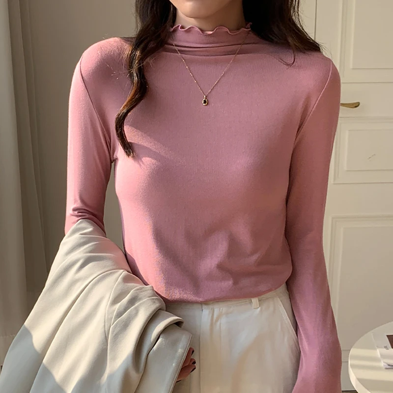 2023 Autumn Winter Clothes For Women Ruffled Turtleneck T Shirt Korean Style Slim Tops Woman Long Sleeve Tshirts Tee Shirt Femme