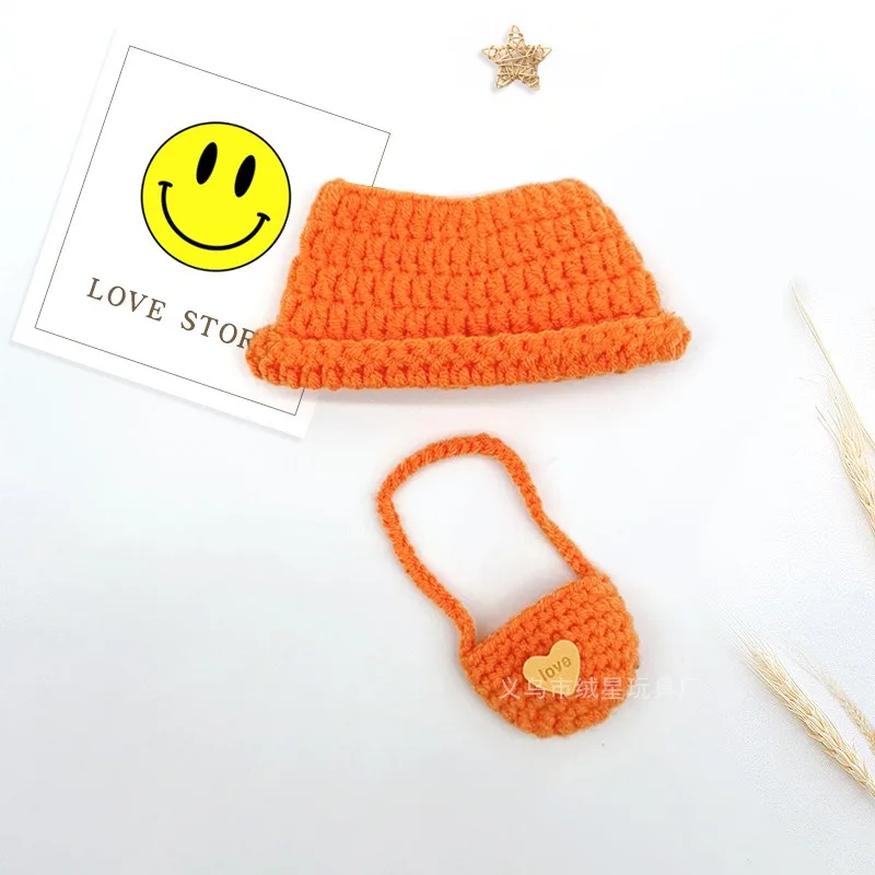 Adorable Handmade Crochet Bucket Hat With Mini Shoulder Bag Set Knitted Doll Accessories For 17CM Small Plush Toy Dress Up Decor view 4