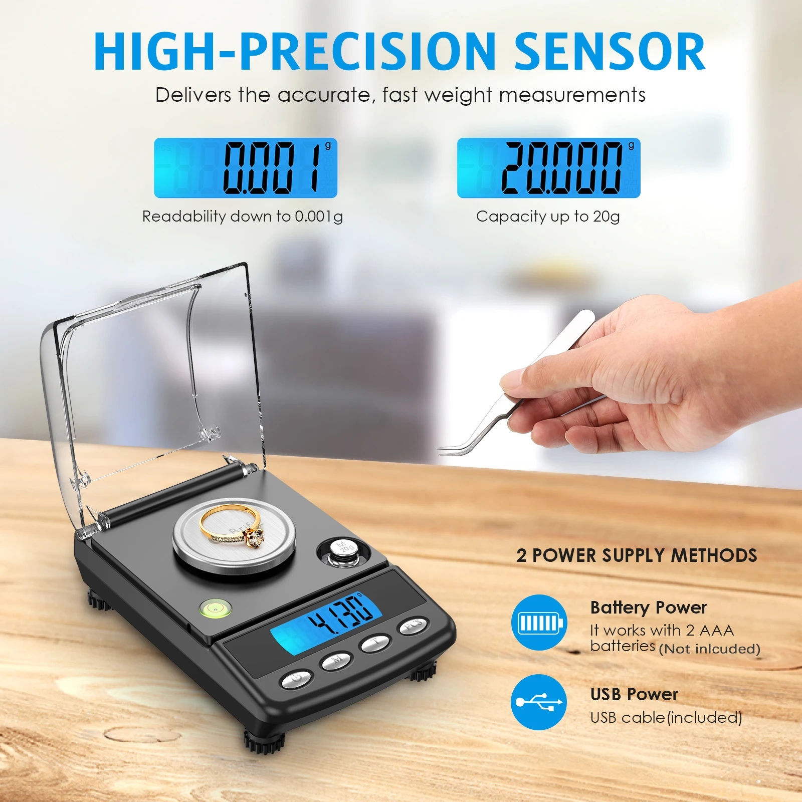 Digital Milligram Scale 20g Professional Portable Mini Scale 0.001g Precise Graduation Pocket Scale with 20g Calibration Weights