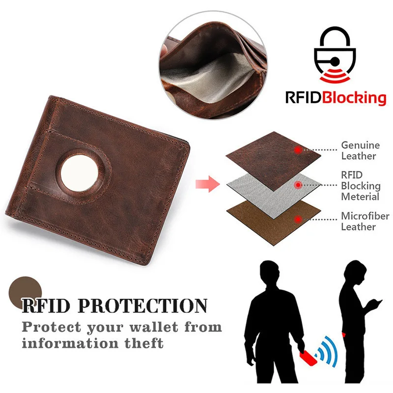 Airtags Wallet Luxury Genuine Leather RFID Zipper Purses Anti-lost ID Credit Card Bag With Apple Airtag Case Folding Men Wallet