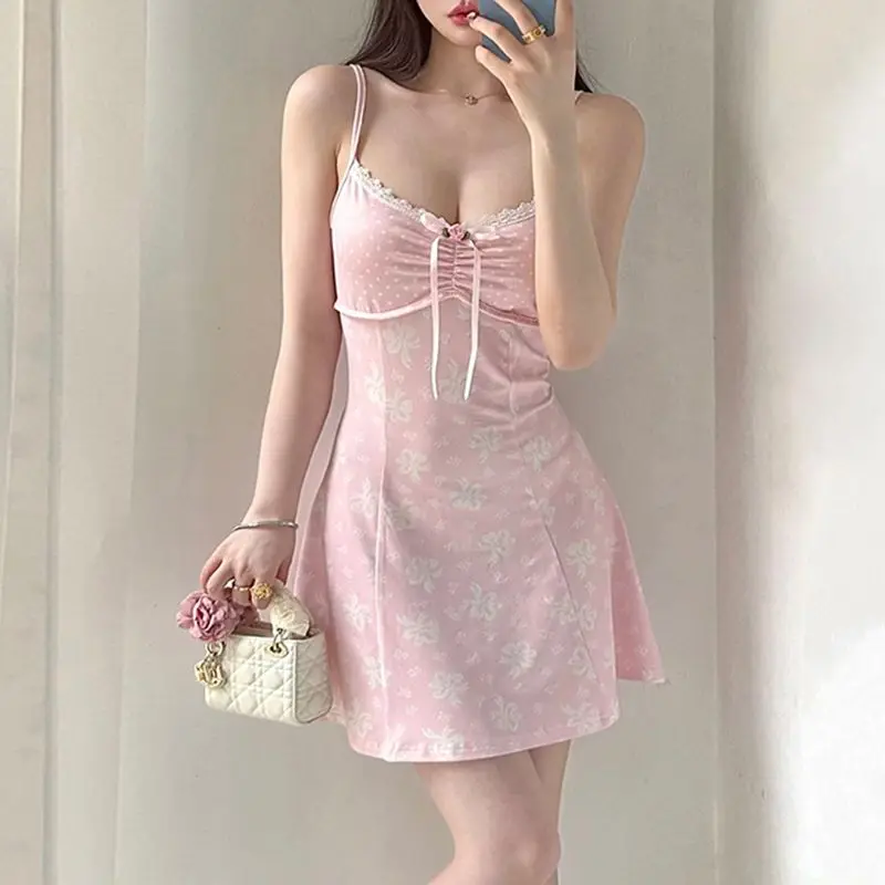 

Dresses High Quality Bow Lace Patchwork Prints Backless Women Elegant Short Bodycon Spaghetti Strap Summer Casua Short Dress