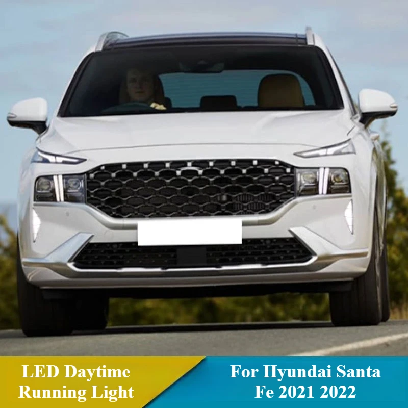 2PCS LED Daytime Running Light For Hyundai Santa Fe 2021 2022 DRL Dynamic Turn Signal Fog Lamp Day Light Front Bumper Fog Lamp