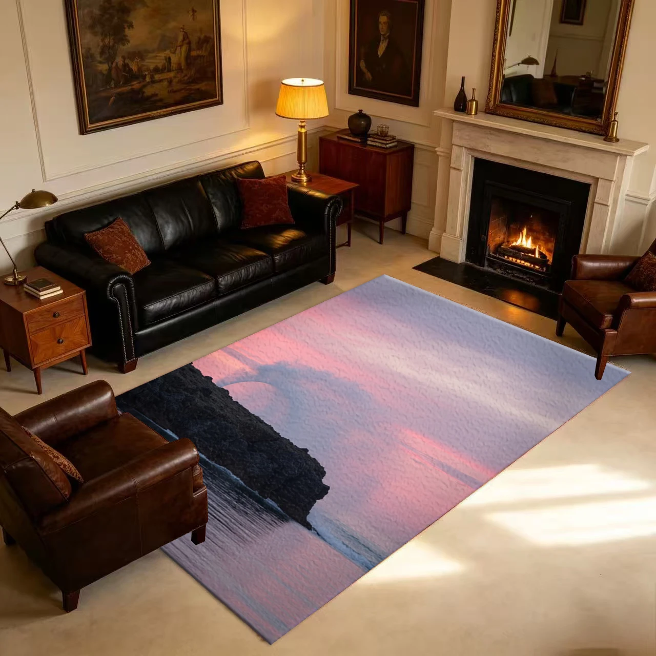 Sunset Seaside Scenery Art Carpet Floor Natural Landscape Print Decorative Carpet for Living Room Use