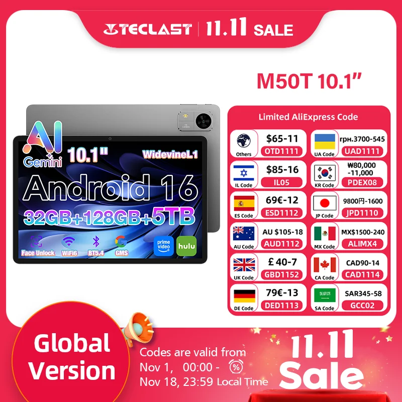 Teclast M50T 태블릿 10.1인치 HD 화면 AllWinner A537 4GB RAM+28GB 가상 128GB ROM 7000mAh 배터리 WiFi 안드로이드 16 글로벌 버전