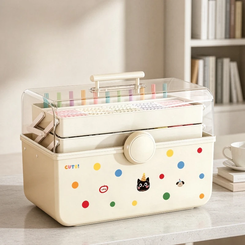 Portable Makeup Organizer, 3-Tier Nail Tool Storage Box with Dividers, Lid, Carry Handle and Secure Latch, Polka Dot Pattern