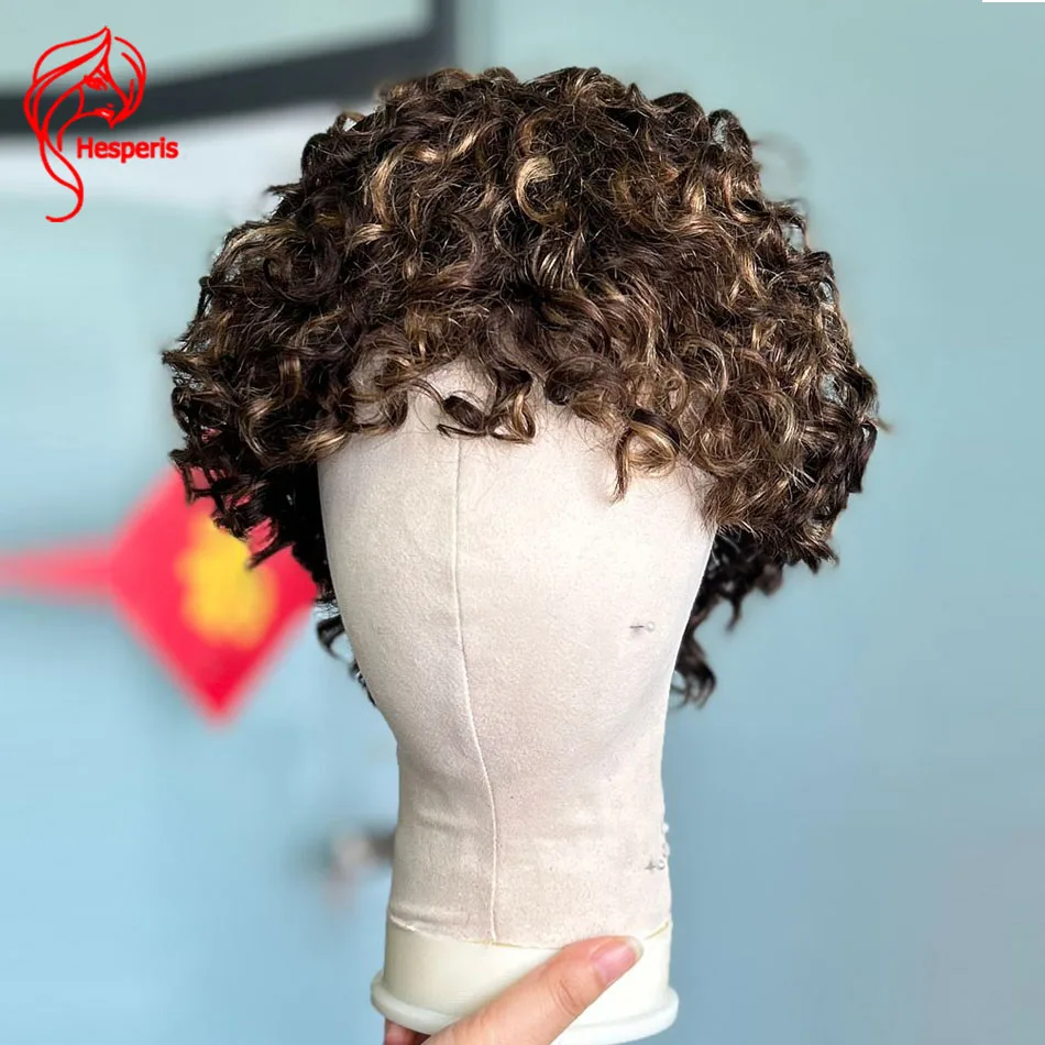 

Hesperis Curly Caramel Brown Highlighted No Lace Wigs For Men Remy Scalp Top Short Full Machine Made Human Hair Wig With Bangs