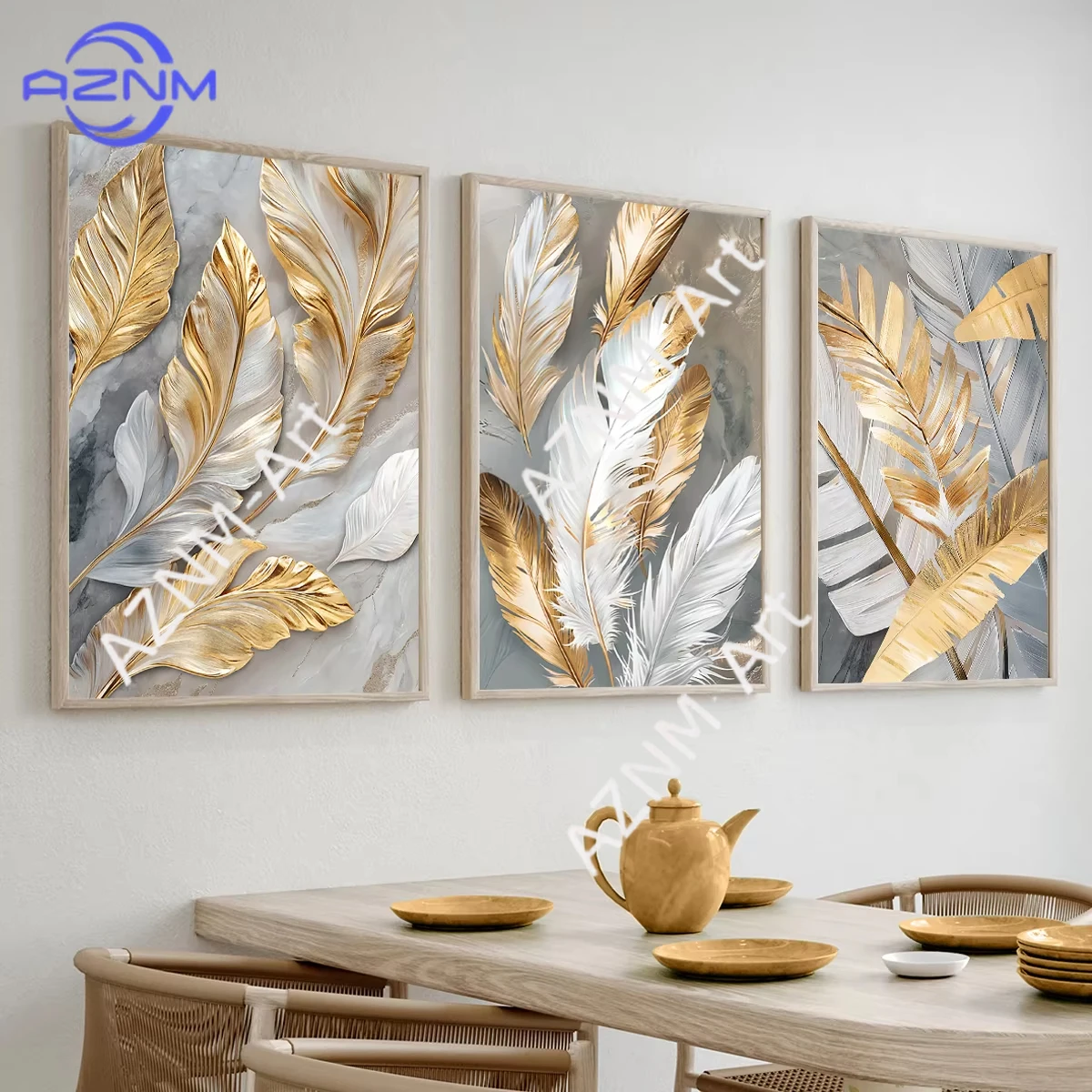 1/3 Stück, Leinwanddrucke, Poster, moderne, klassische, ästhetische Kunstdrucke, Wandkunst, Heimdekoration, Kunstposter, 1/3 Stück, goldene Federblätter