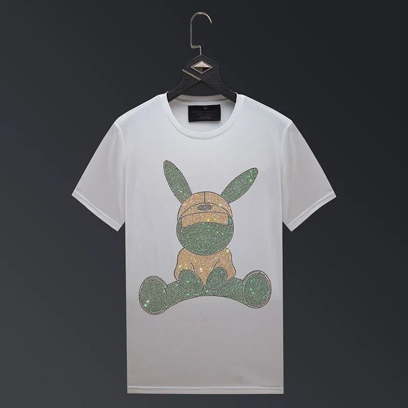 Men's Short Sleeve O-Neck Slim T-shirts, Rabbit Rhinestones, Cartoon Streetwear, High Quality, Fashion