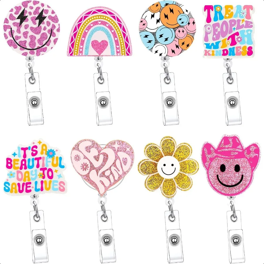 

8 Pcs Cute Badge Reel Retractable Glitter Cow Daisy Smile Face Pink Bow Girly Funny Accessories Name Tag ID Clip Holder for O