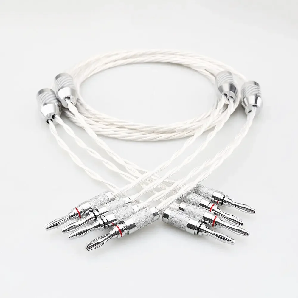 Pair 7N OCC Silver-Plated HIFI Audio Speaker Cable with Y Spade Banana Plug Cord for Hi-Fi Sound Quality