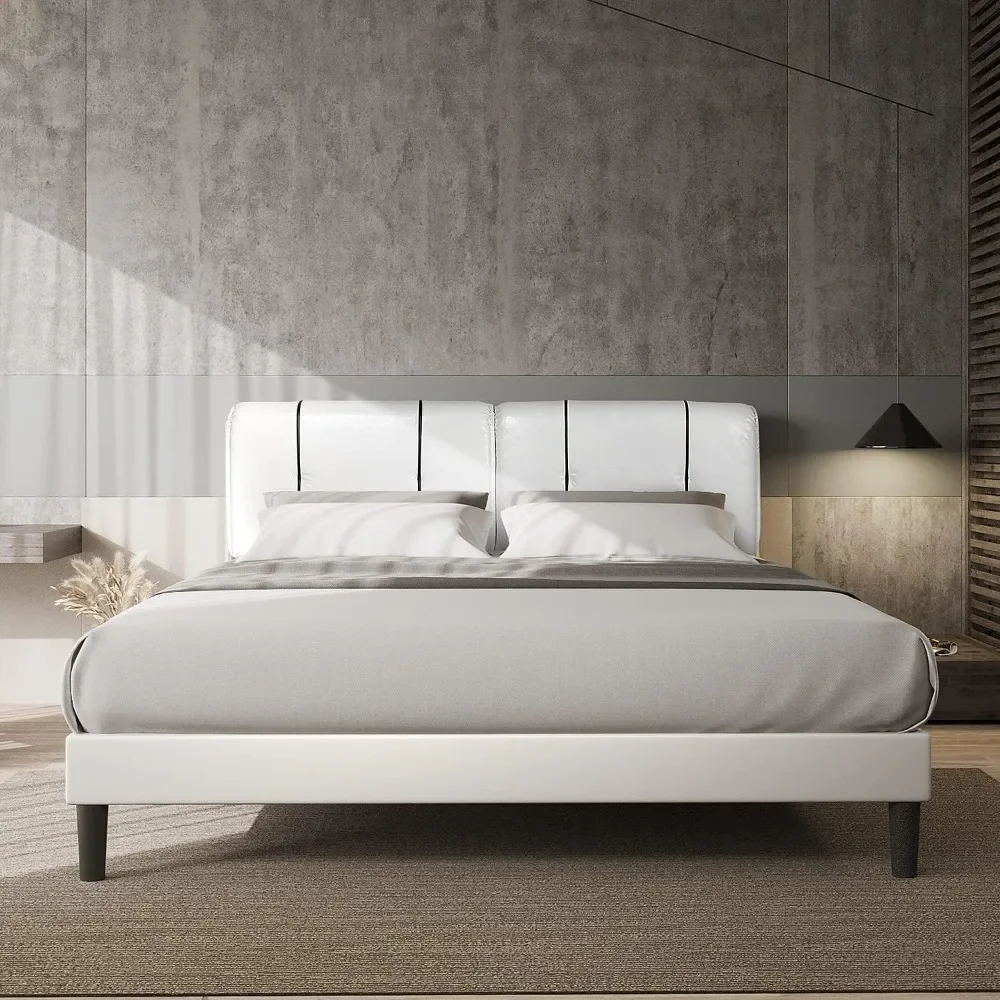 Queen Size Bed Frame Upholstered Low Profile Modern Platform Bed with Faux Leather Headboard/No Box Spring Needed Beds