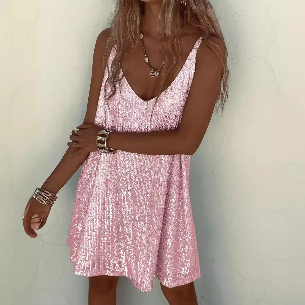 

New Summer Women's Sequined Dress V-neck Sleeveless Suspender Sexy Solid Color Short Skirt for Women