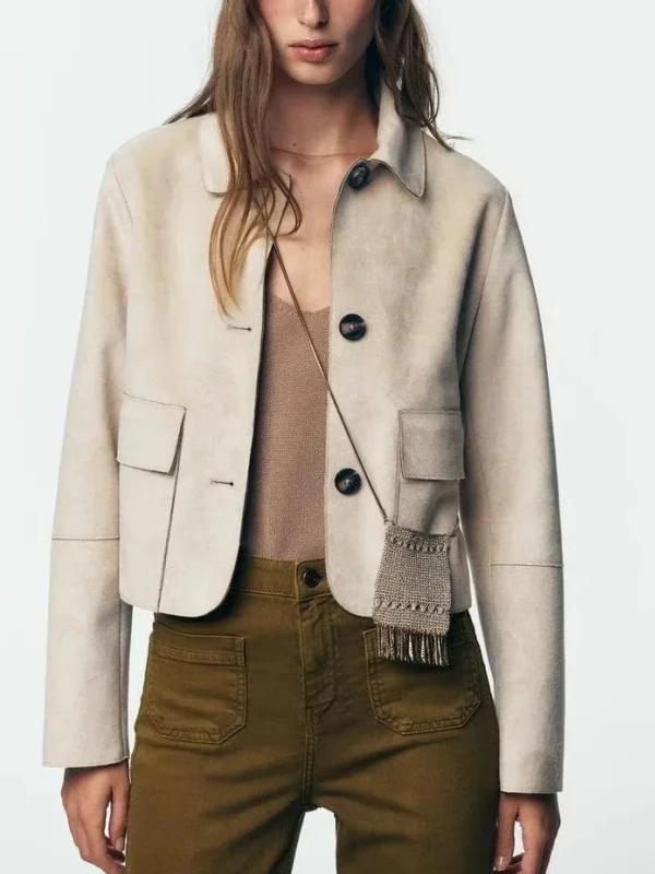 Faionable ort Leather Jaet Women's Autumn New Arrival Premium Feel Anti-Fur Texture Commute Sle Regular Sve Long