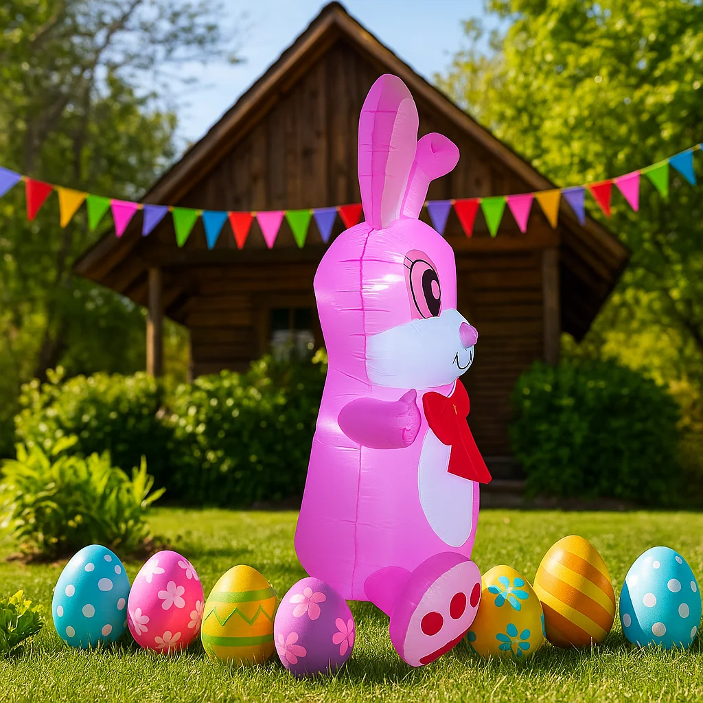 1.5M/5FT 부활절 야외 휴일 장식용 인플레이터블 핑크 토끼 배너 귀여운 토끼 모델 LED 라이트 홈 데코