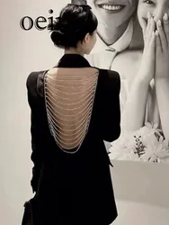 [oein] Black High-end Hollow Out Suit Jacket For Women, Autumn 2023 New Sexy Backless Diamond Chain Temperament Suit Top