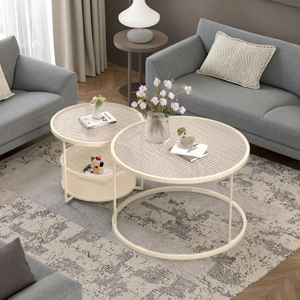 Modern Circle Nesting Coffee Table with Storage Living Room Cheap White Round Changhong Glass Coffee Table