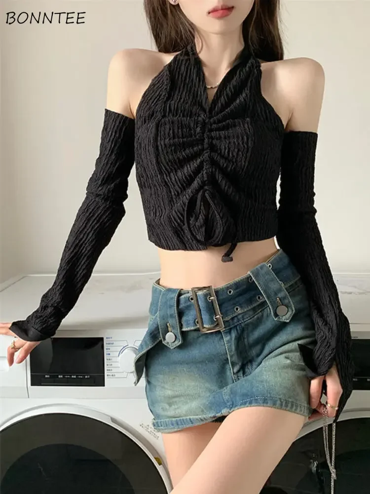 

Укороченные футболки с лямкой на шее, Женская облегающая шикарная дизайнерская пикантная Клубная одежда, милые стильные однотонные футболки в Корейском стиле Y2k, весенние топы Вечерние