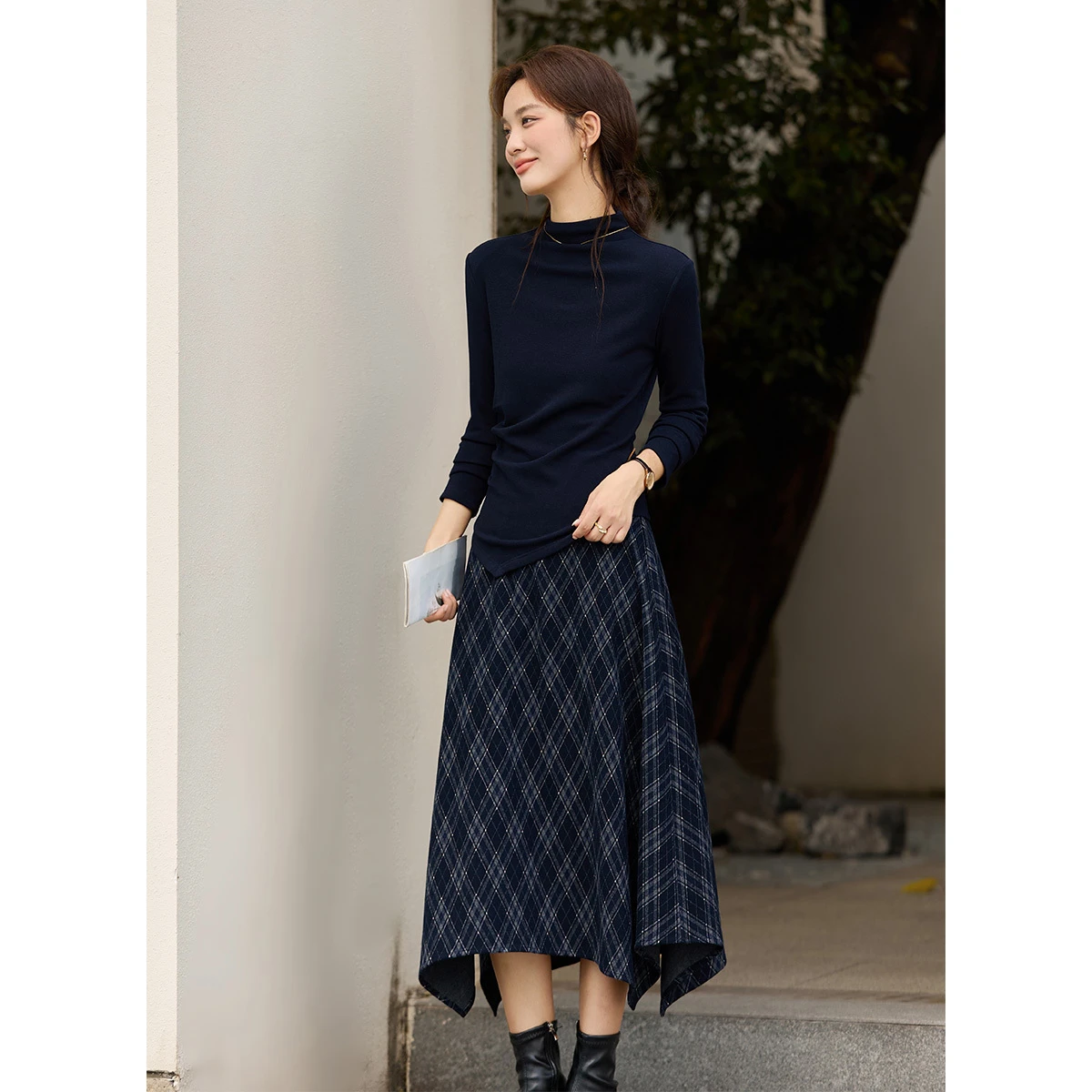 VIMLY deux pièces jupe ensemble femmes décontracté hiver 2025 col montant tricoté plis hauts asymétrique jupe à carreaux dame jupe costumes A3337