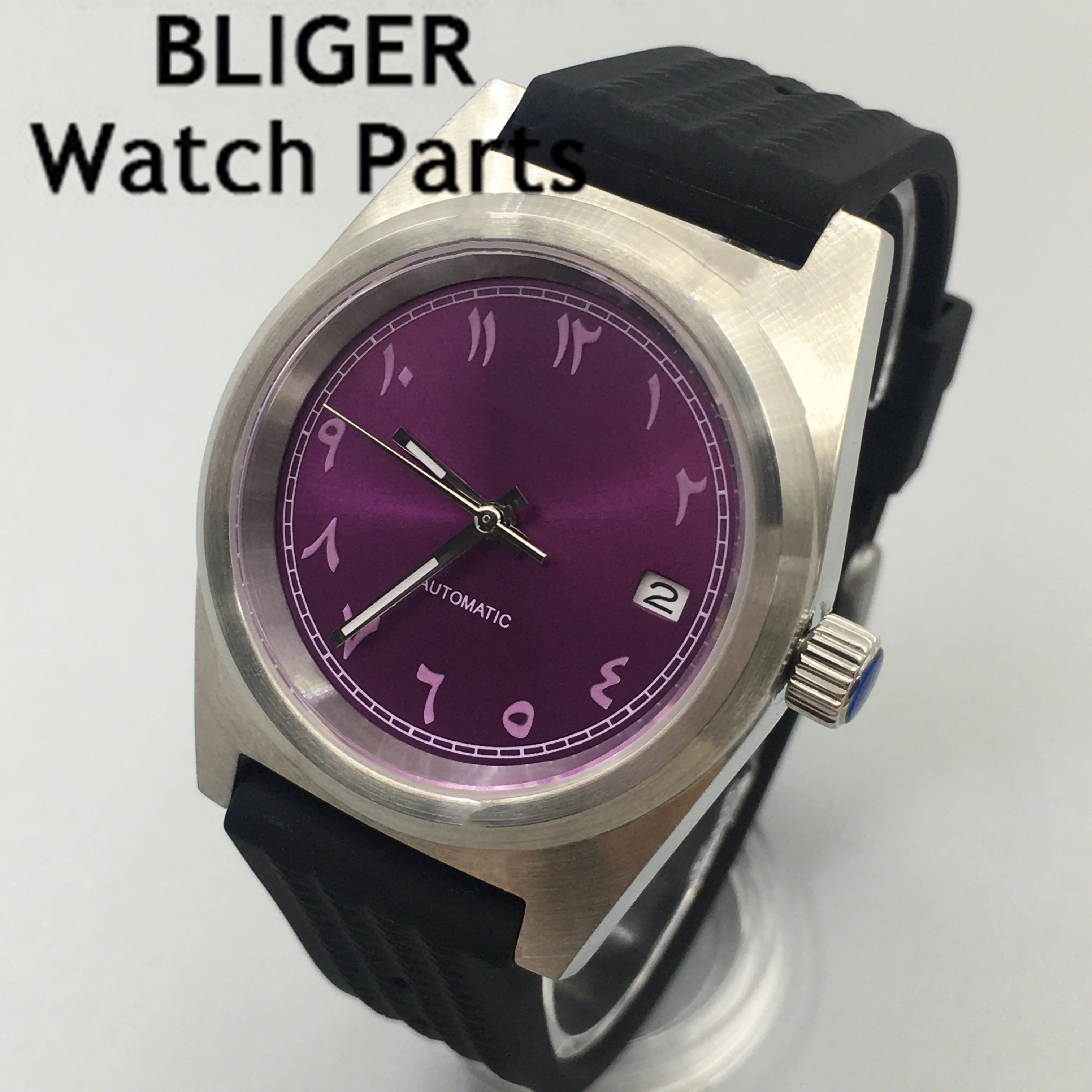 BLIGER 38mm NH35A Movement Watch Sapphire Crystal Automatic Men\'s Watch Curved Rubber Strap Blue Green Black Purple Dial