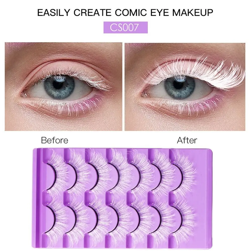 7 Pairs White False Eyelashes Exaggerated Lashes Extension 3D Curled Lashes Faux Fibre Reusable Thick Fluffy Lashes Stage Makeup