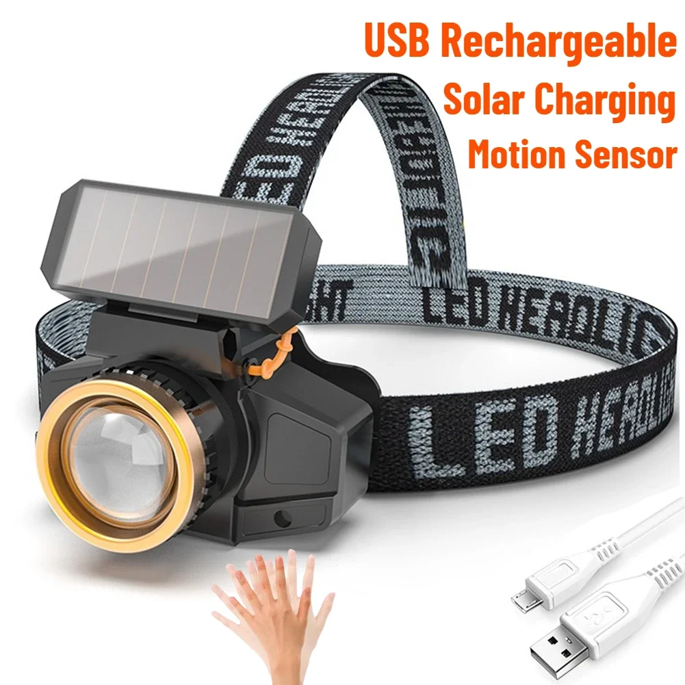 Solar Charging XPE LED Headlamp Motion Sensor Headlight &Battery Head Flashlight USB Waterproof Camp Head Lamp Torch Work Light