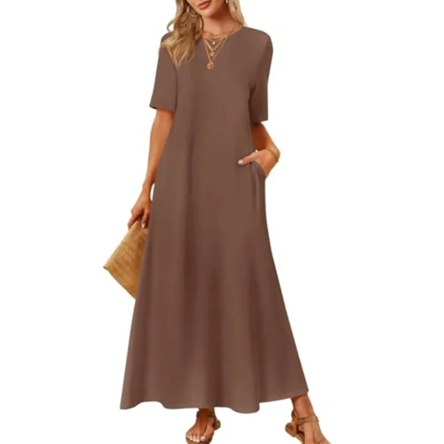 MEROKEETY Summer Casual Maxi Dresses for Women 2026 Vacation Crew Neck Short Sleeve Modest Long T Shirt Dress with Pockets