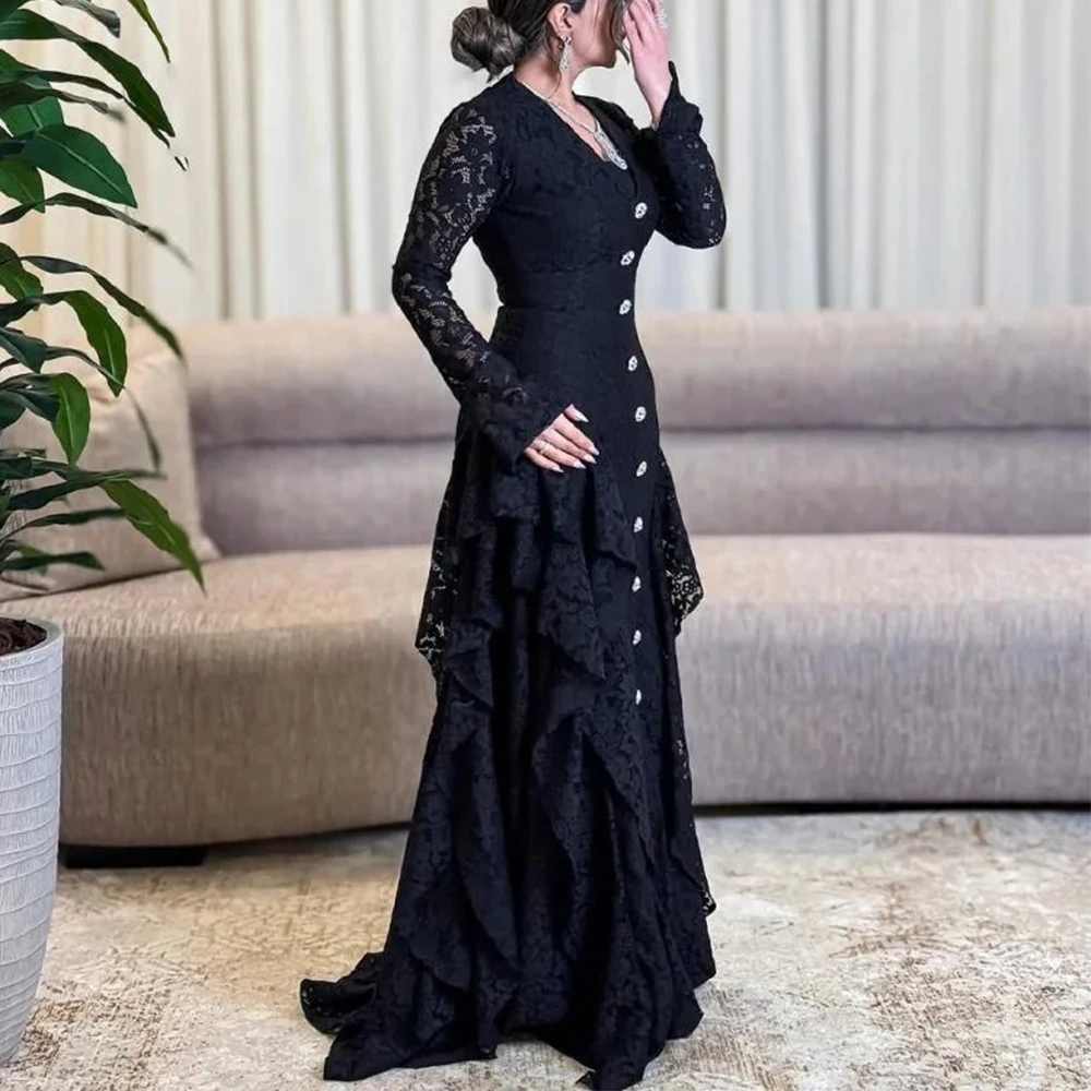 

Черное кружевное вечернее платье с квадратным вырезом и длинными рукавами и оборками, длинное банкетное платье русалки, вечернее платье Саудовской Ид Аль-Фитр по индивидуальному заказу