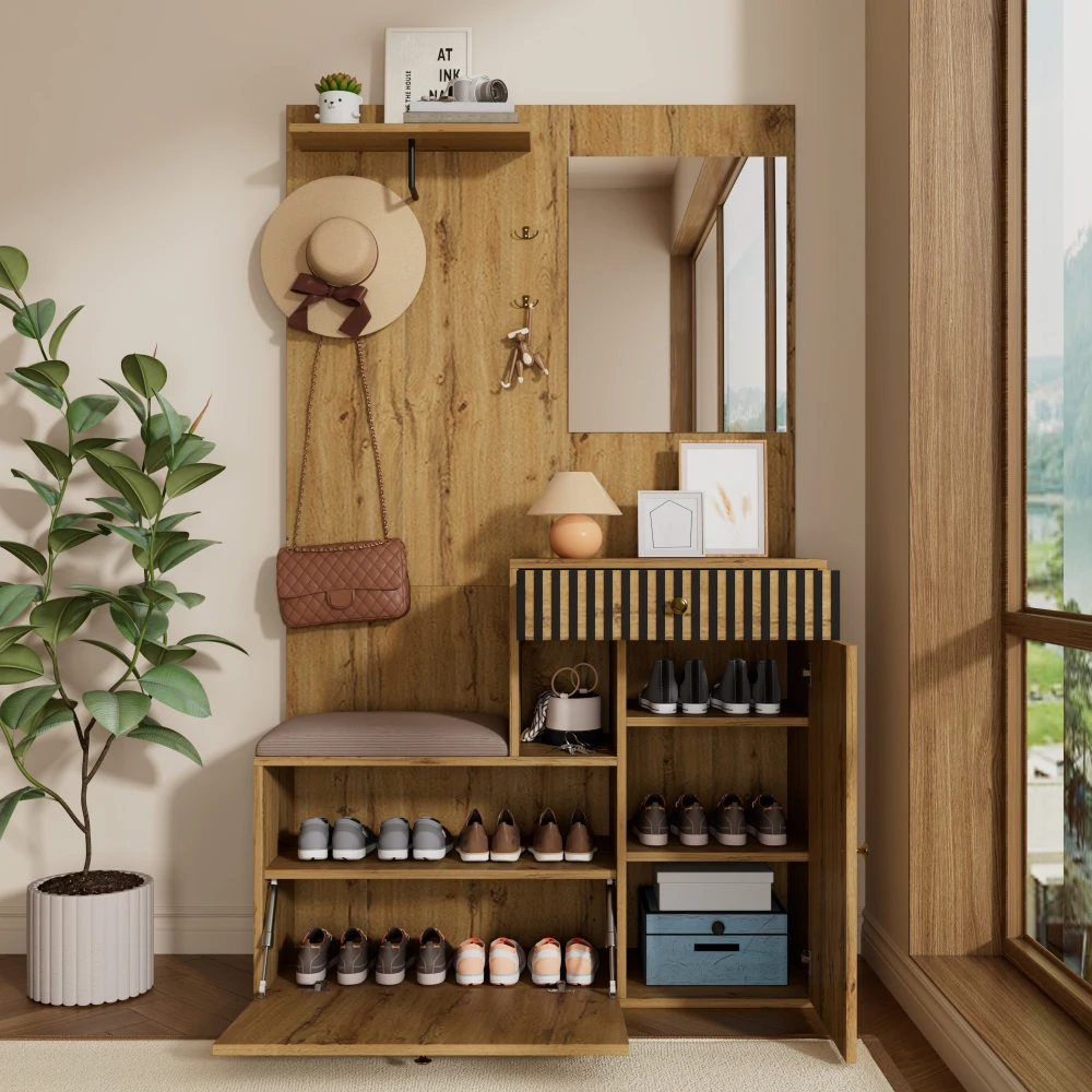 PINGGO Kompaktes Garderoben-Set mit Spiegel und Kissen, Flur-Wandregal, Garderobenpaneele, Schuhschrank für Flur-Aufbewahrung – Detail 5