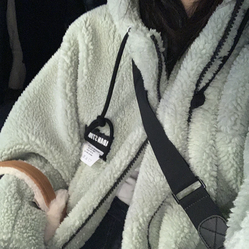 Autumn Hooded Lamb Plush Coat Womens Winter New Zipper Warm Jacket Add Velvet Padded Polar Fleece Cotton Clothing Outwear Female