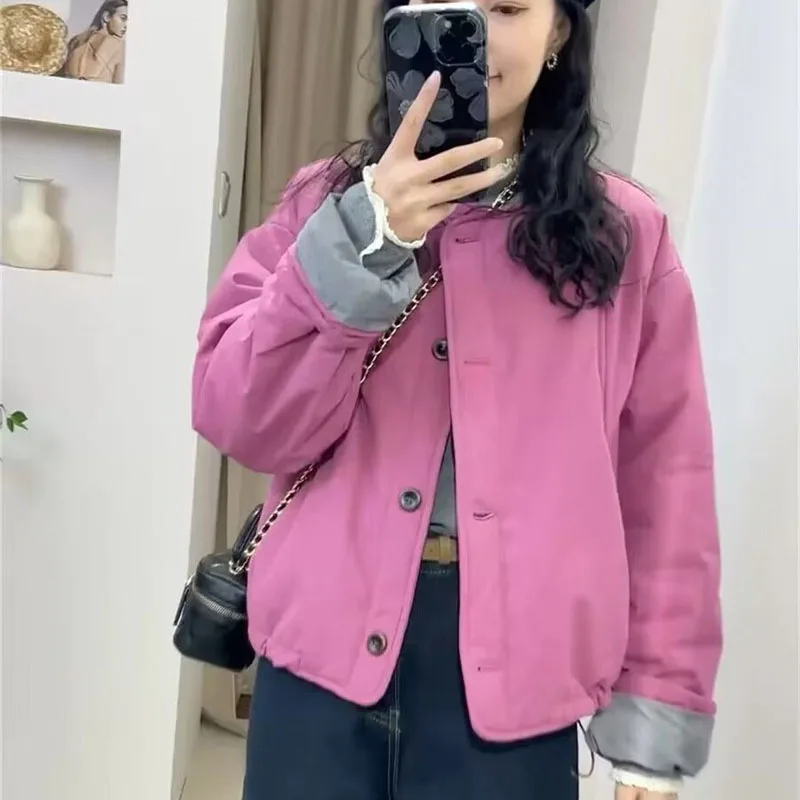 New 2025 Women's Cotton Coats Parka Korean Fashion Cuff Contrasting Splicing Cotton Jacket Winter Thicken Jacket Top Female