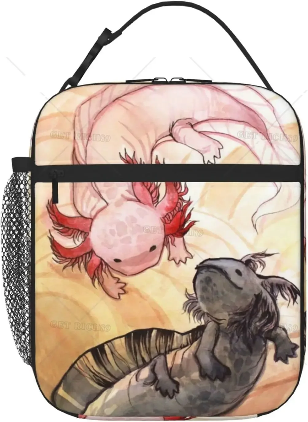 Stylized Rainbow Axolotl Print Insulated Lunch Bag Reusable Portable Lunch Box Keep Warm/Cool Tote Bag with Pocket for Work