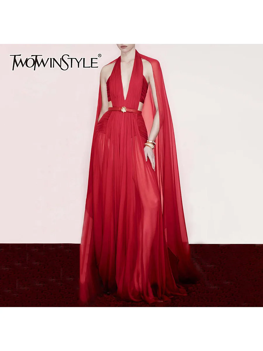 

Платье TWOTWINSTYLE для женщин: облегающее, с вырезами, лентами и V-образным вырезом, без рукавов, с завышенной талией, модное