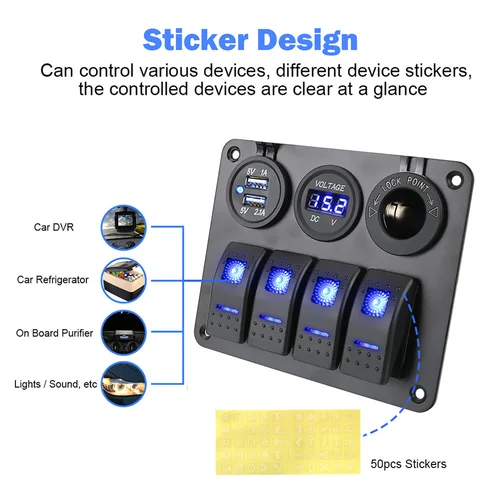 Imagen 2 del producto Panel de interruptor de 4 entradas para coche, RV, caravana, puerto USB Dual, voltímetro Digital, disyuntor, Panel basculante LED de aluminio