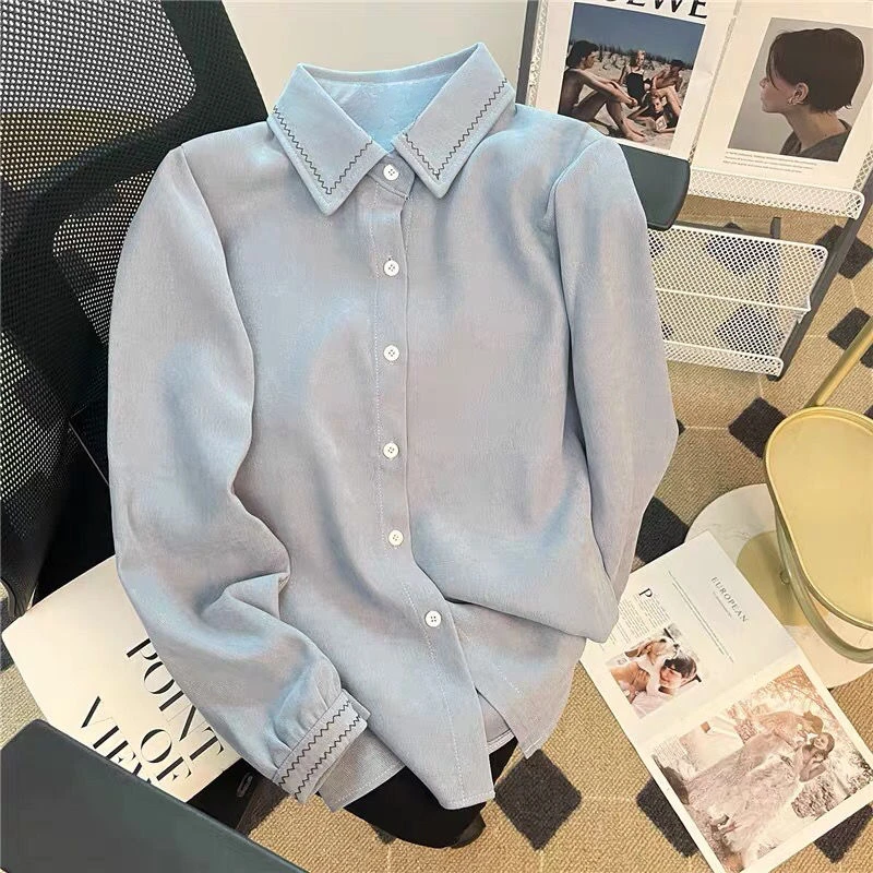Shirts Women Autumn Winter Korean Cozy Vintage Mujer Blusas Classic Casual Turn Down Collar New Preppy Style Fashion Long Sleeve