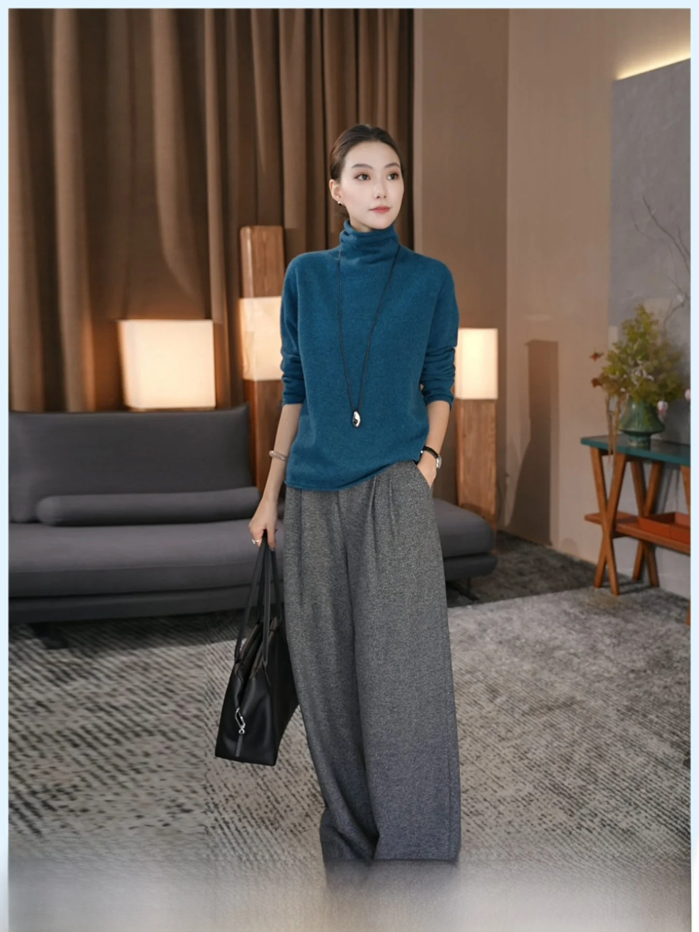 

ay Woolen Casual Pants High Waist Straight Leg Long Trousers Women's Winter New Sle Vintage Simple Luxury Straight Tube