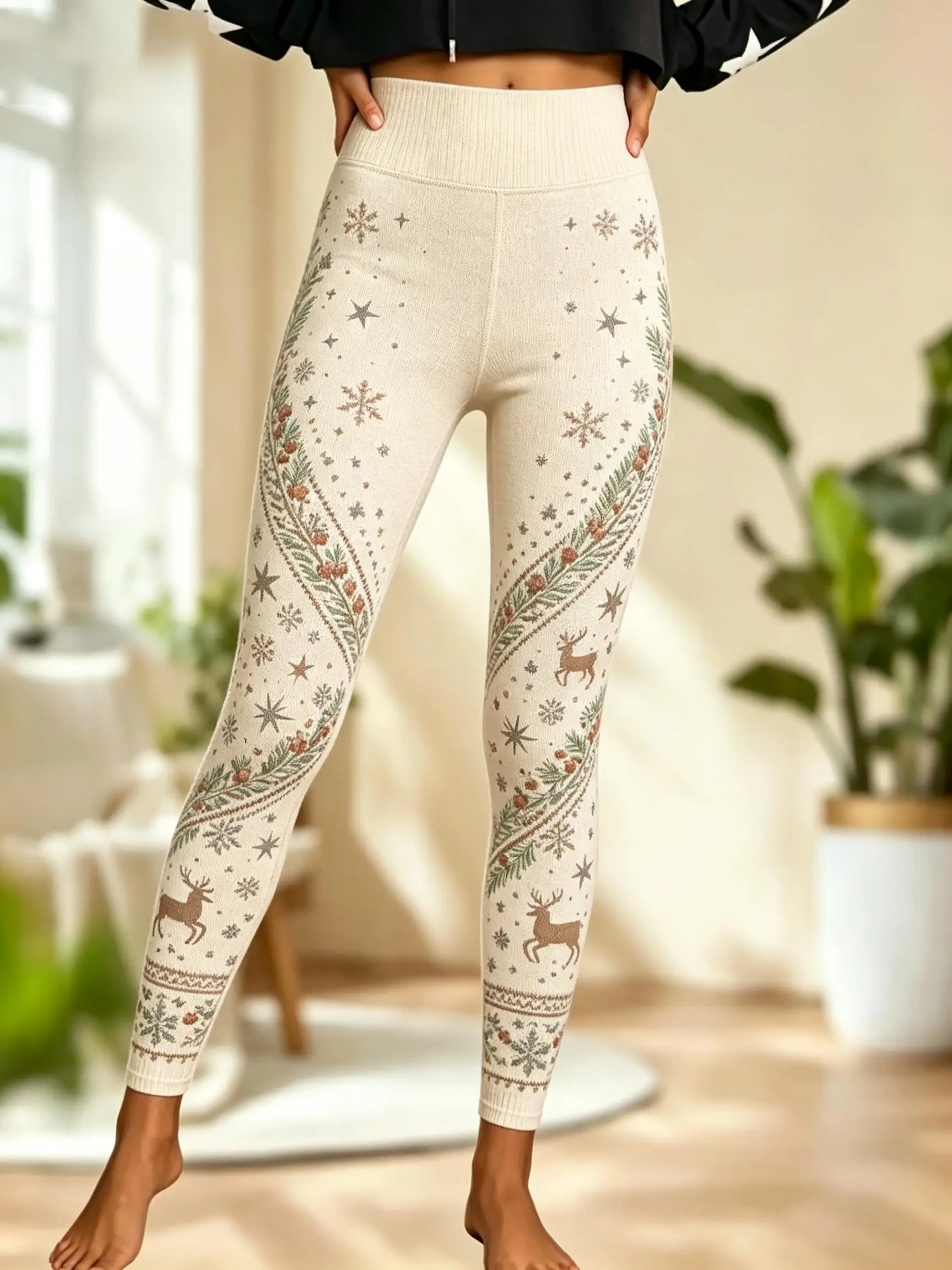Women Fleece‑Lined Mid‑Rise Leggings Christmas Golden Badge Holly Snowflake Star Print Slim Warm Pants