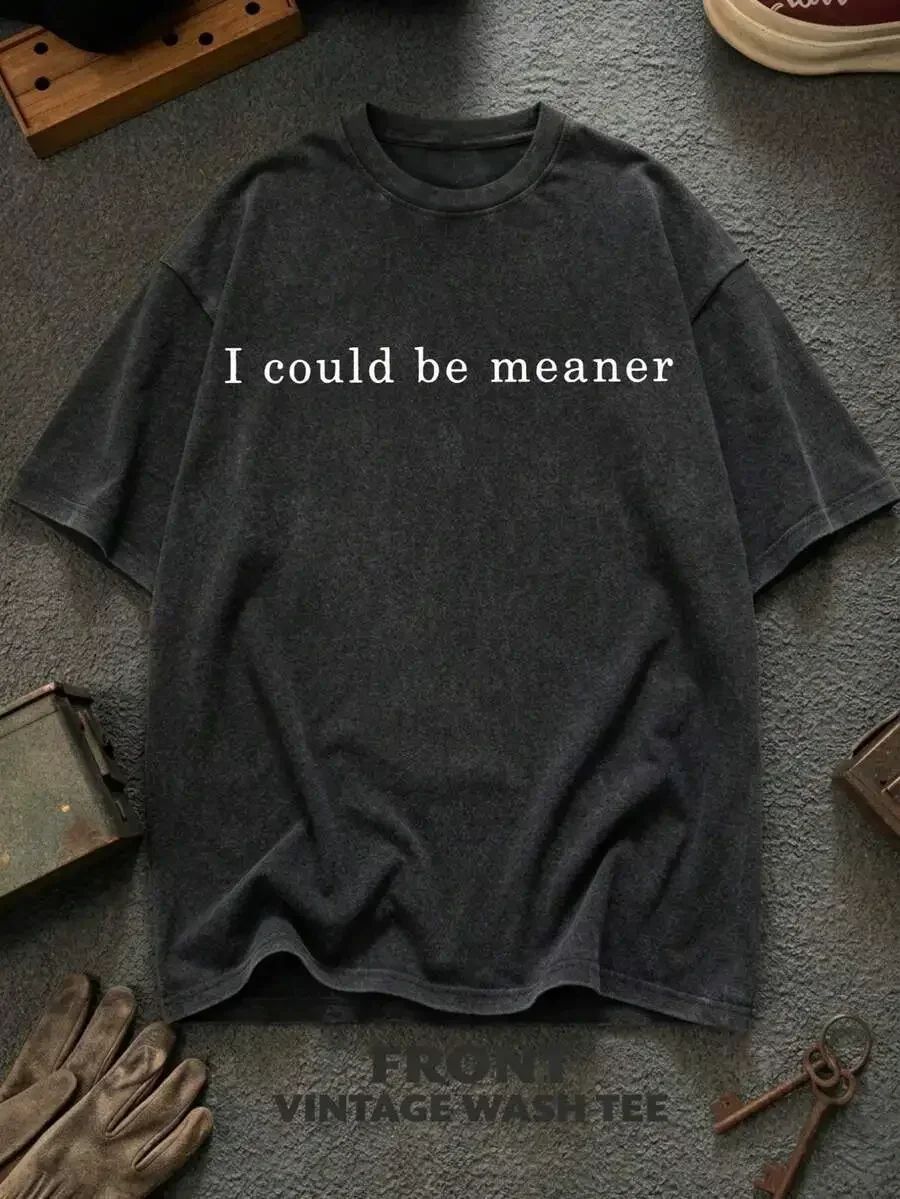 2026 Fashion New Arrival Oversized Vintage Wash Grey I Could Be Meaner Slogan Short Sleeve Tee Casual Daily Basic Top T-Shirt
