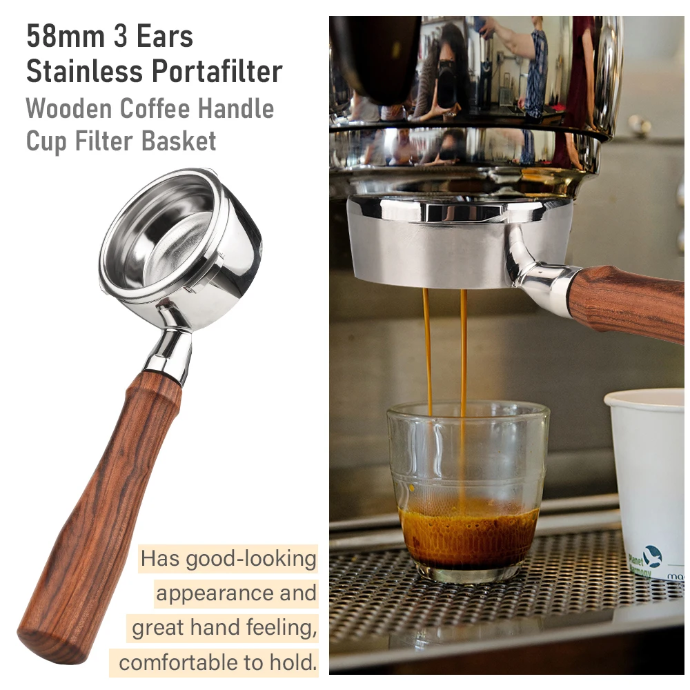 58mm 3 Ears Stainless Steel Bottomless Naked Portafilter Wooden Coffee Handle Cup Filter Basket Replacement for Barsetto BA101