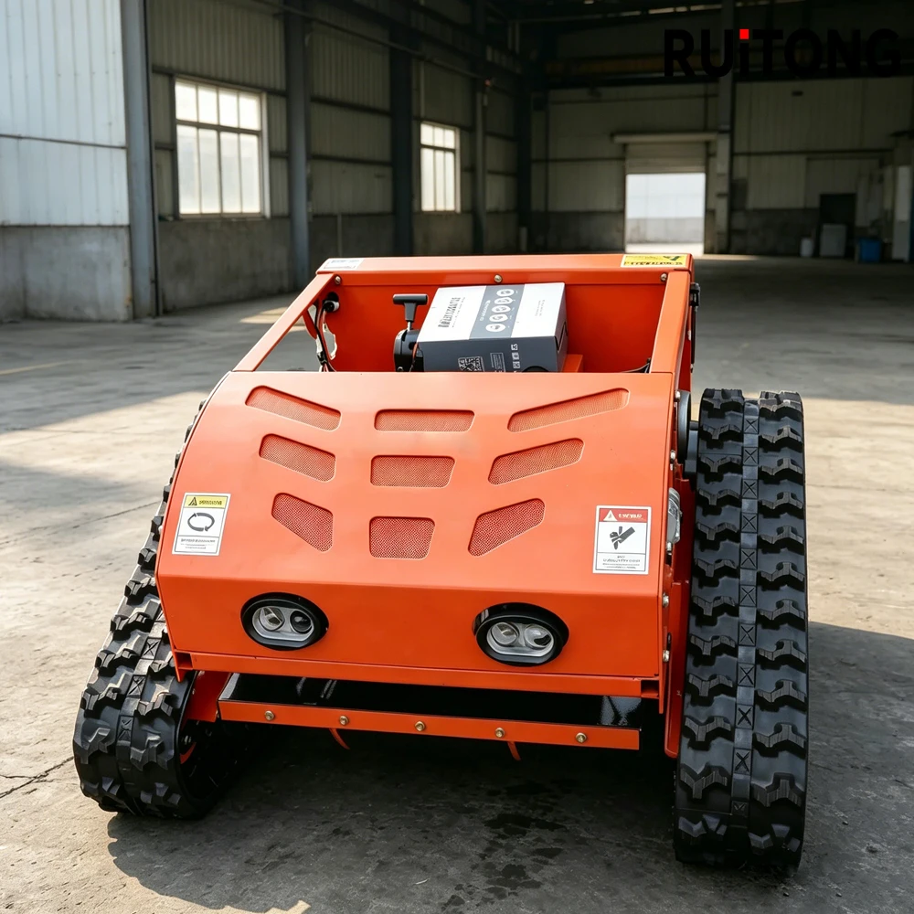 Low-noise, remote controlled tracked lawn mower with CE and EPA certification capable of mulching operations